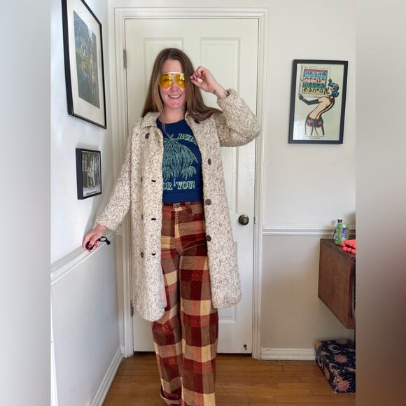 60s Vintage Collared Beige Knit Sweater Coat  w Double Breasted Buttons - Picture 2 of 9